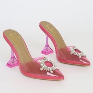 Lulu's Midnight Pink Rhinestone Pointed Toe Transparent Heels Size 10